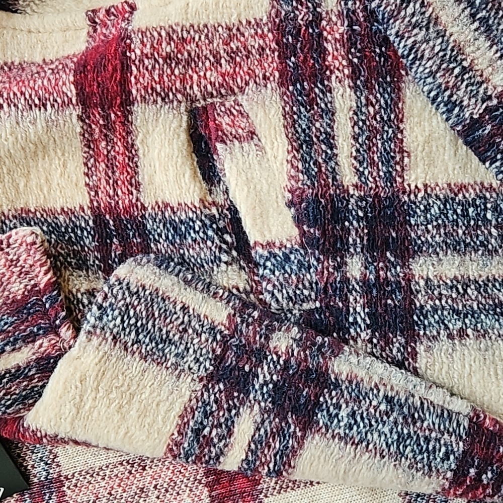 Blank NYC Cream Maroon Wool Oversized Go Ahead Plaid Longline Teddy Jacket L NWT - Picture 7 of 11